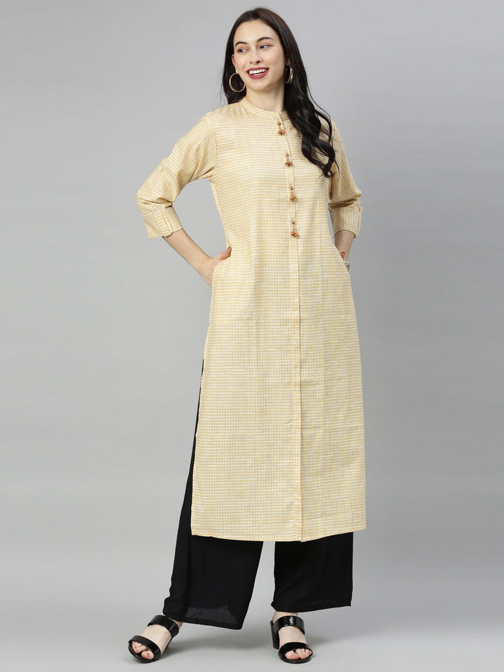 Neerus Yellow cotton checked A-line kurti - detail view 2