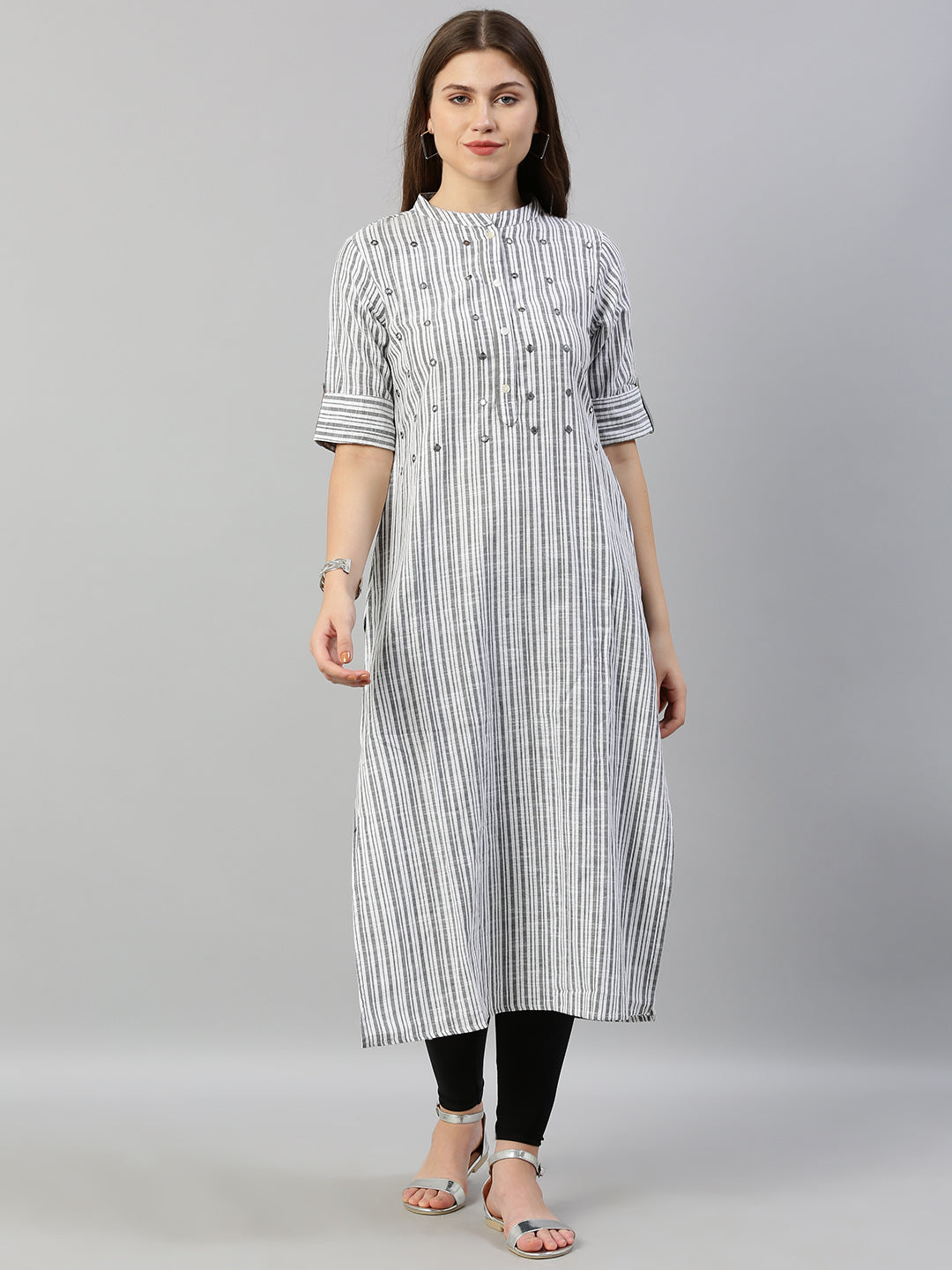 Neerus Grey rayon mirror work straight kurti - front view