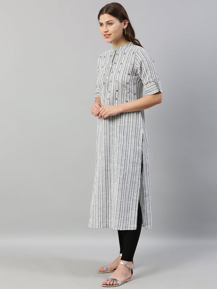 Neerus Grey rayon mirror work straight kurti - detail view 1