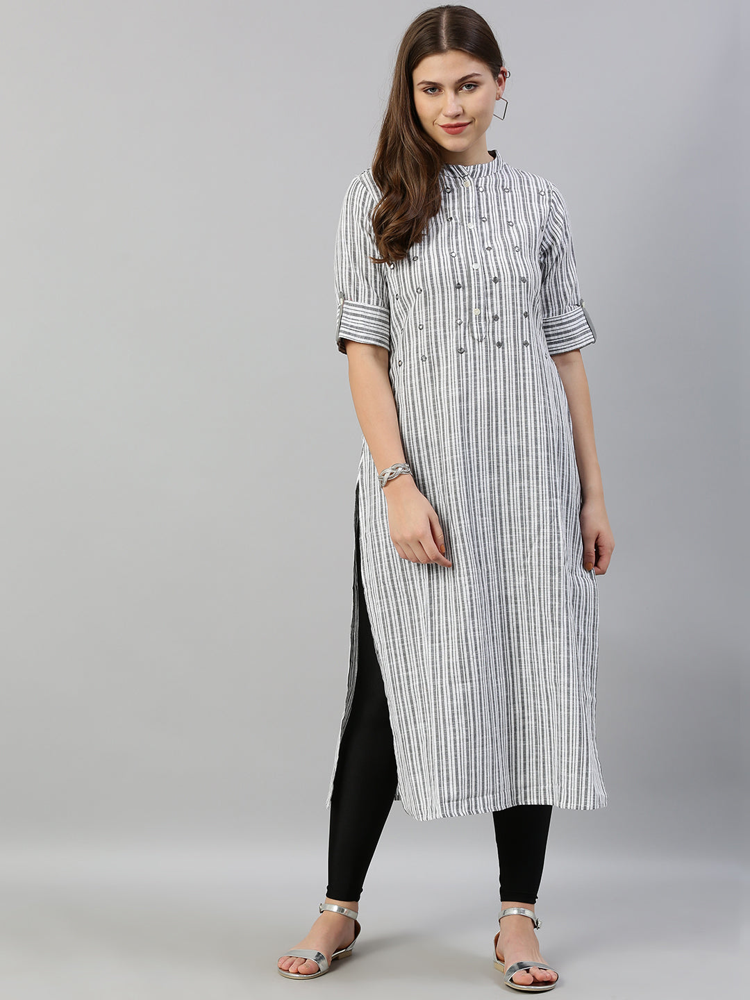 Neerus Grey rayon mirror work straight kurti - detail view 3