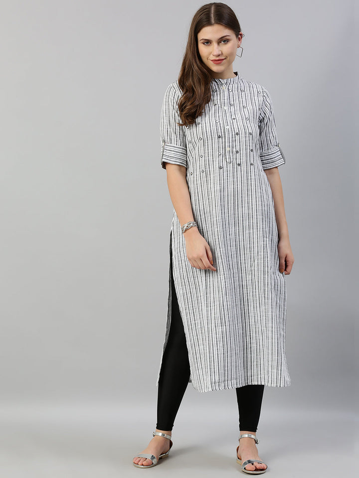 Neerus Grey rayon mirror work straight kurti - detail view 3