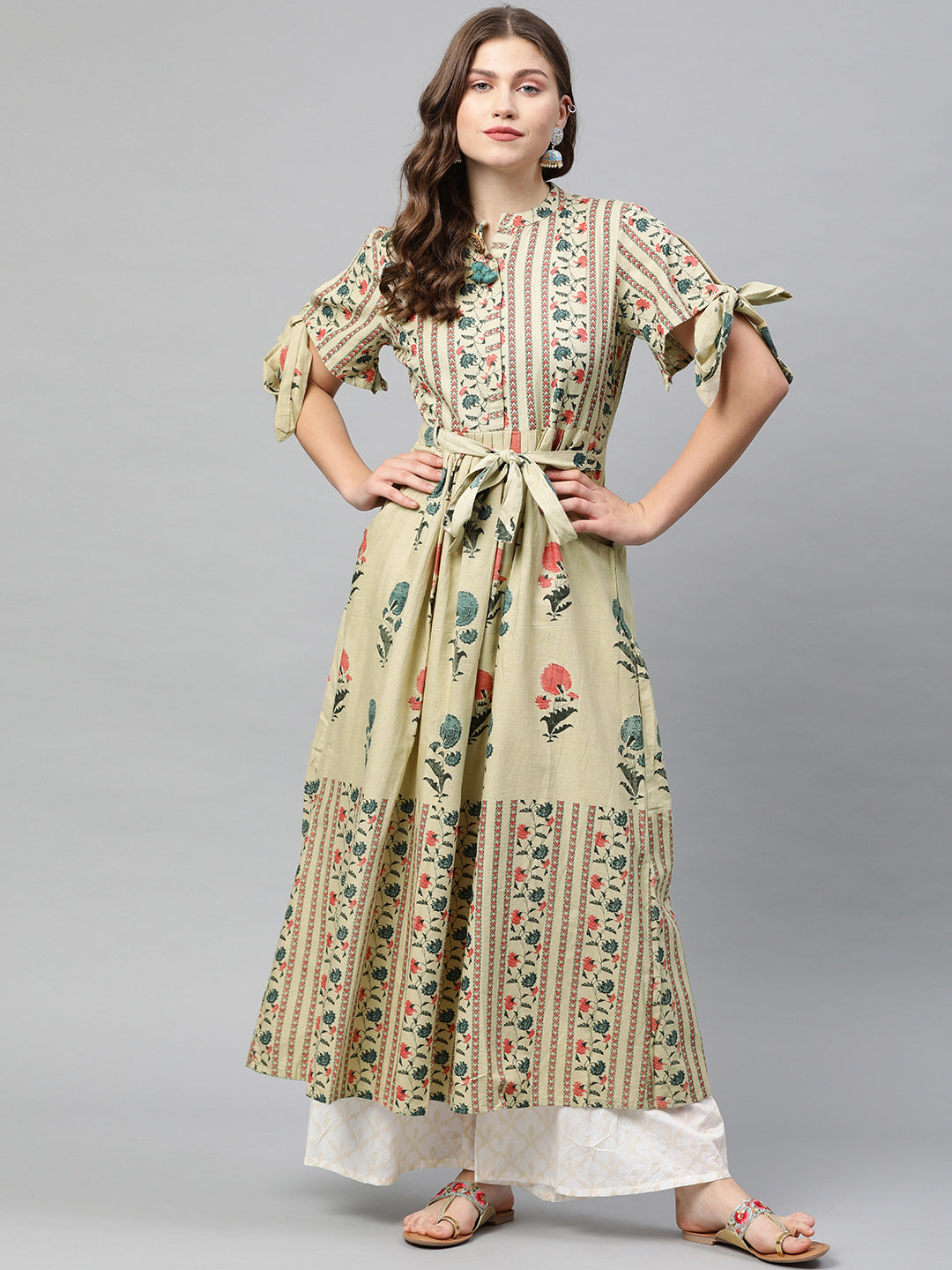 Neerus Beige cotton printed A-line kurta - front view