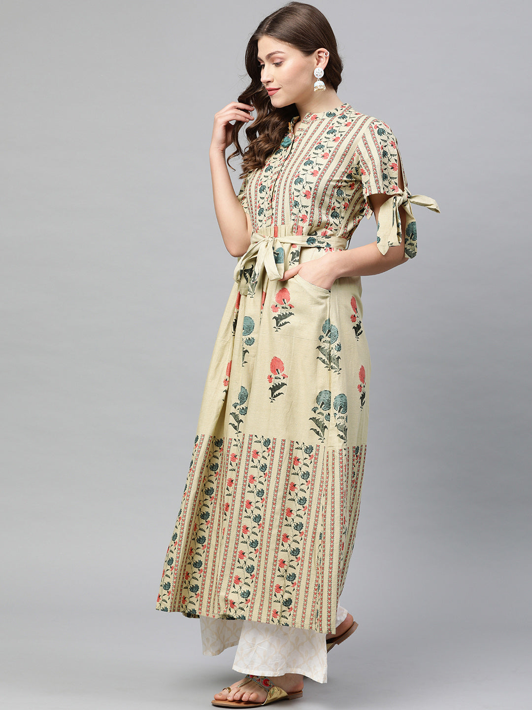 Neerus Beige cotton printed A-line kurta - side view