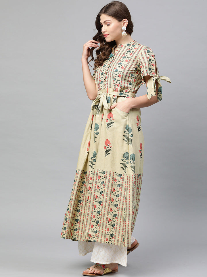 Neerus Beige cotton printed A-line kurta - side view