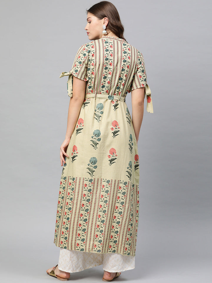 Neerus Beige cotton printed A-line kurta - detail view 1