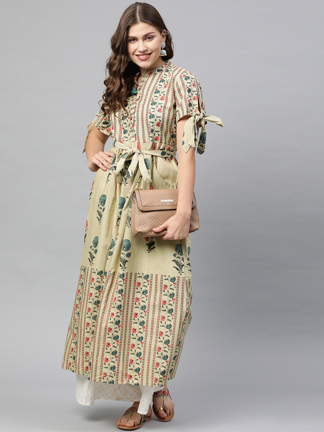Neerus Beige cotton printed A-line kurta - detail view 2