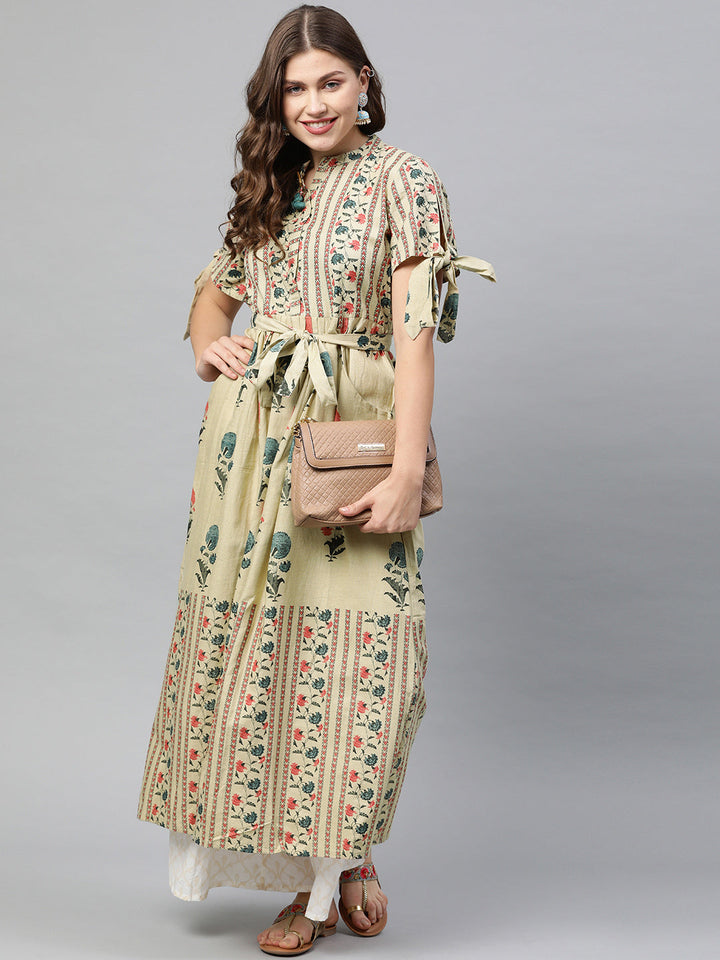 Neerus Beige cotton printed A-line kurta - detail view 2