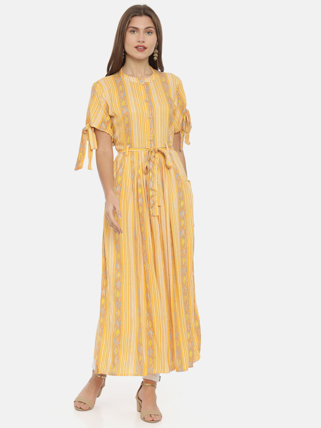 Neerus Orange rayon printed anarkali kurta - front view