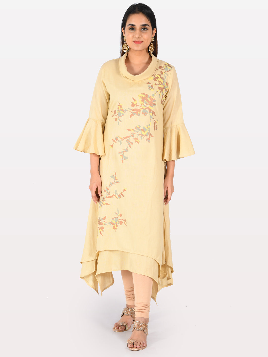 Neerus Beige rayon printed straight kurta - front view
