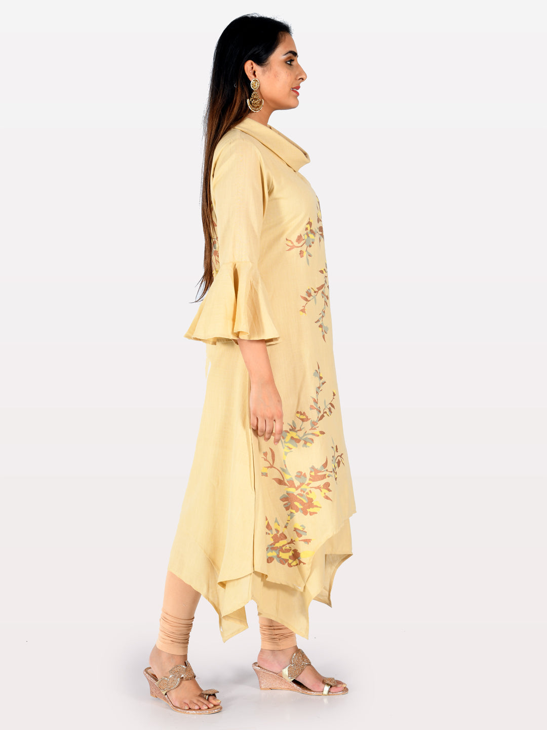 Neerus Beige rayon printed straight kurta - side view