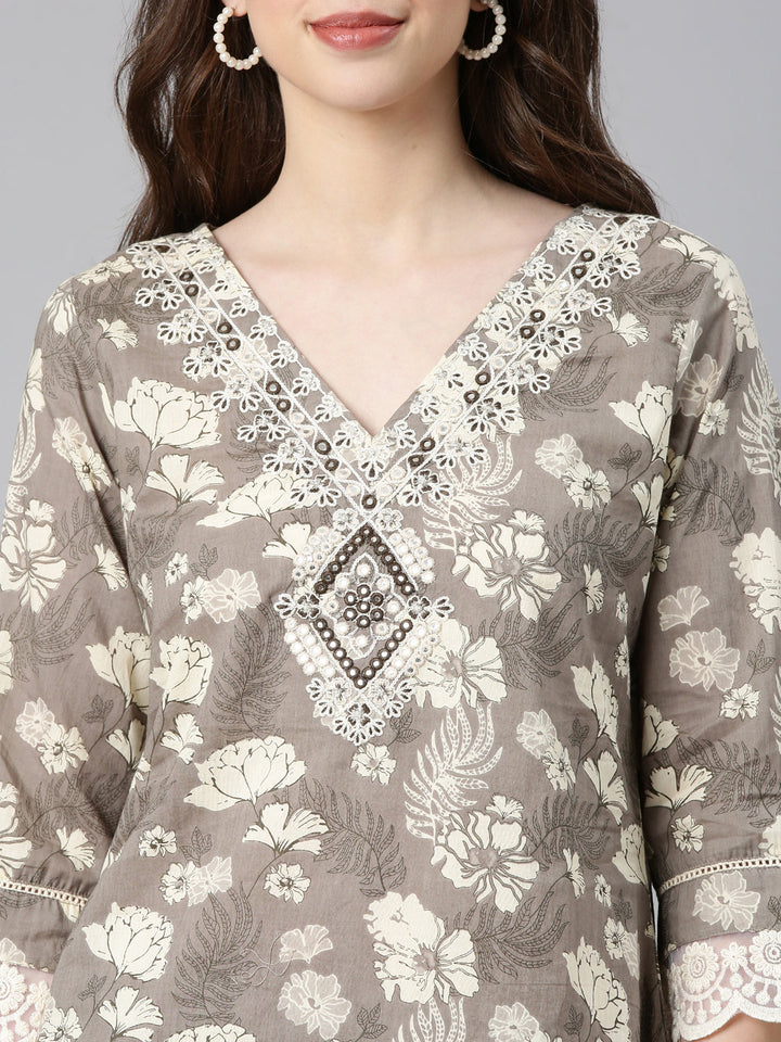 Neerus Elephant grey Printed Straight Kurta and Trousers With Dupatta