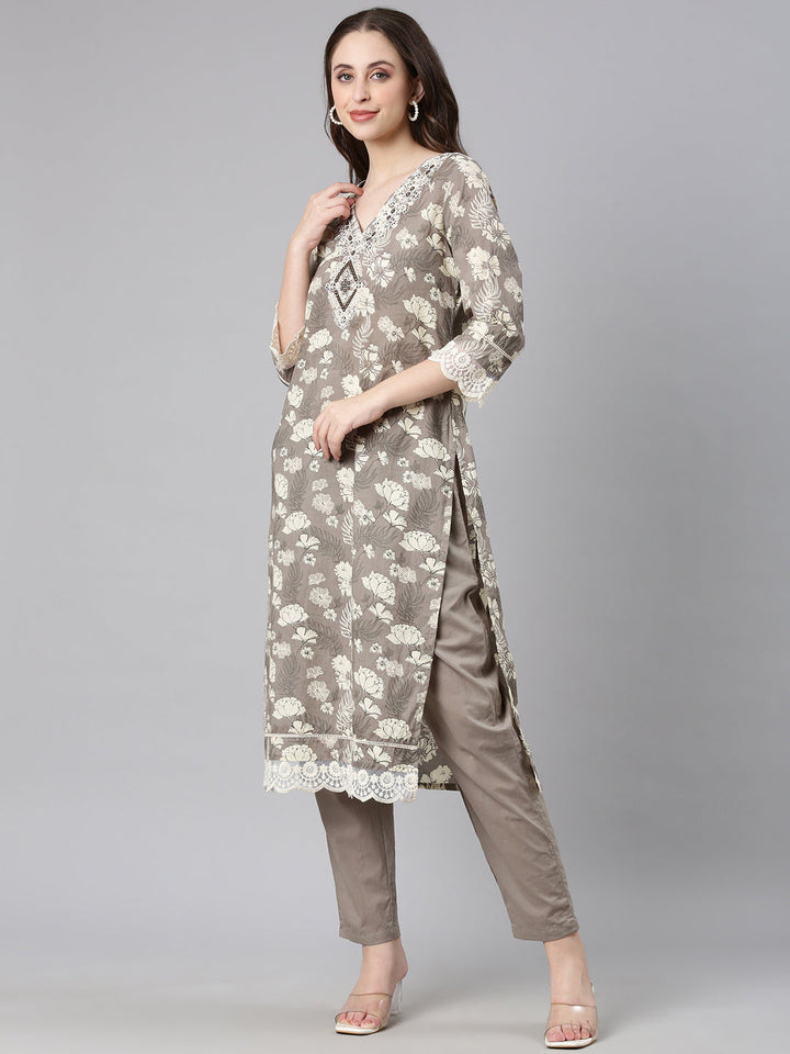 Neerus Elephant grey Printed Straight Kurta and Trousers With Dupatta