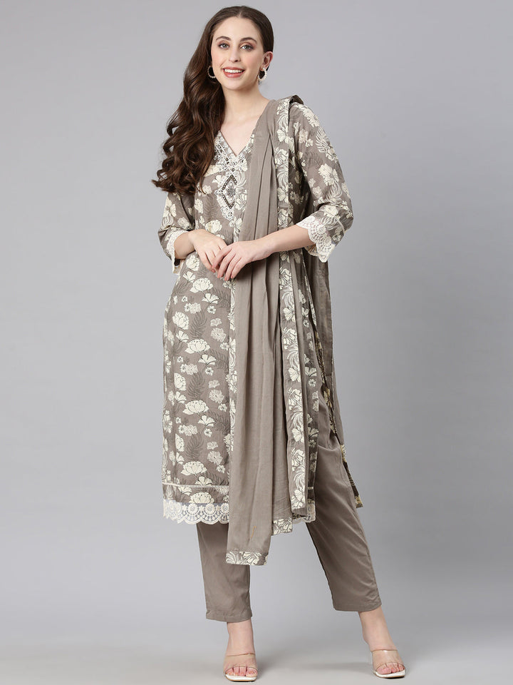 Neerus Elephant grey Printed Straight Kurta and Trousers With Dupatta