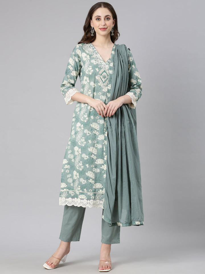 Neerus Light green Printed Straight Kurta and Trousers With Dupatta