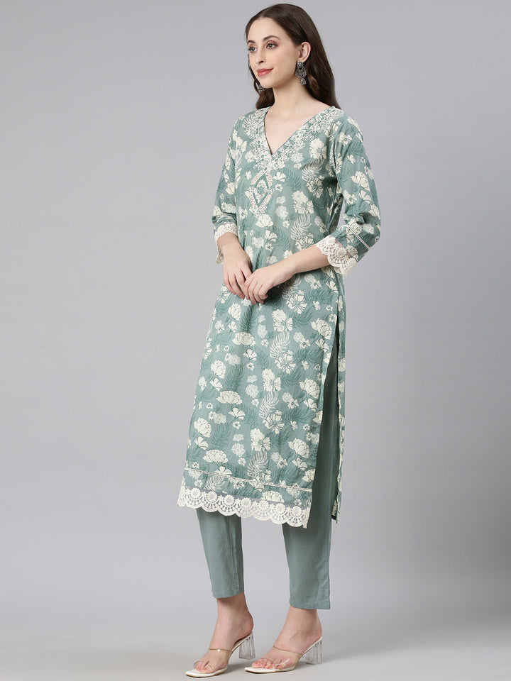 Neerus Light green Printed Straight Kurta and Trousers With Dupatta