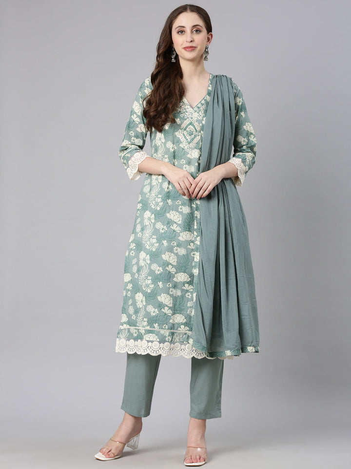Neerus Light green Printed Straight Kurta and Trousers With Dupatta