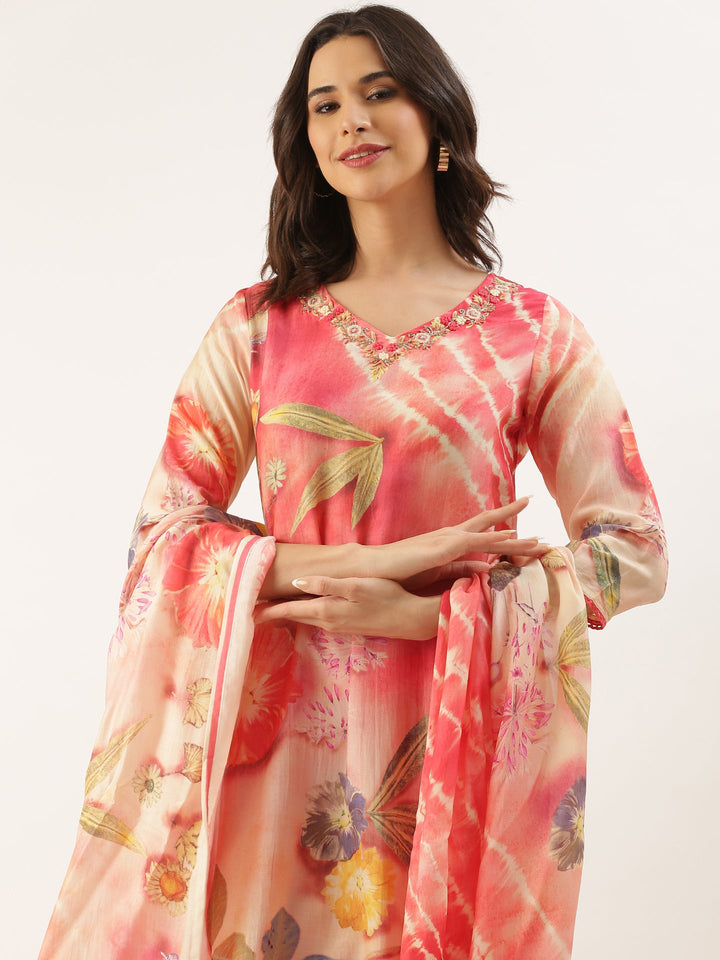 Peach Muslin Printed Embroidered Three Piece Set