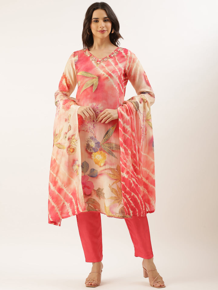 Neerus Pink muslin embroidered suit set - back view