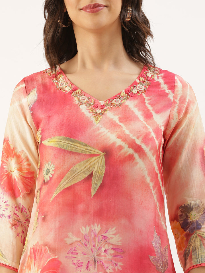 Peach Muslin Printed Embroidered Three Piece Set