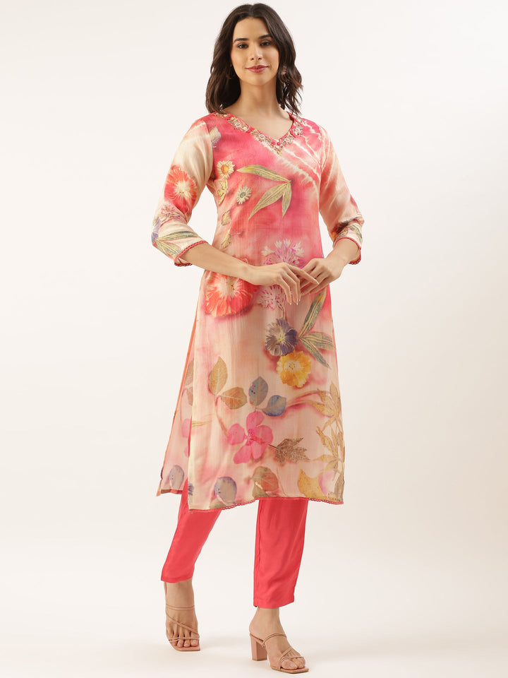 Peach Muslin Printed Embroidered Three Piece Set