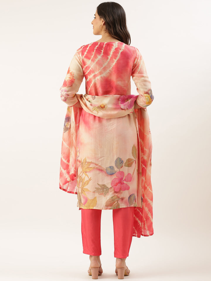 Peach Muslin Printed Embroidered Three Piece Set