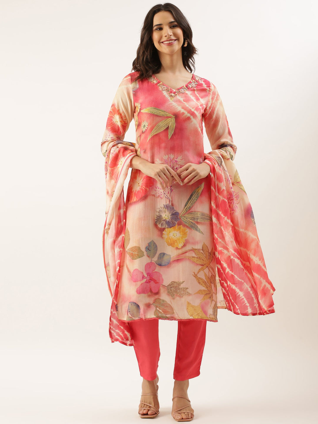 Neerus Pink muslin embroidered suit set - front view