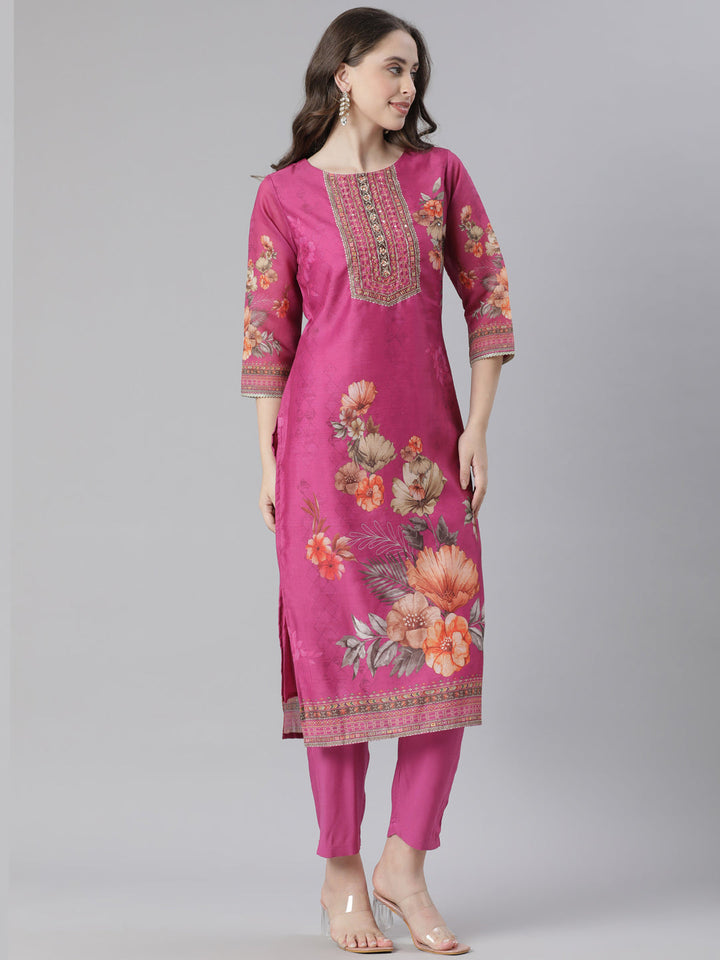 Neerus Maroon Organza Printed Suit Set - back view