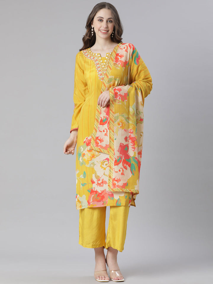 Neerus Mustard Printed Straight Kurta and Trousers With Dupatta
