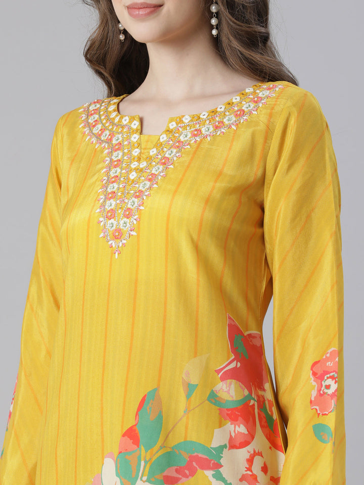 Neerus Mustard Printed Straight Kurta and Trousers With Dupatta