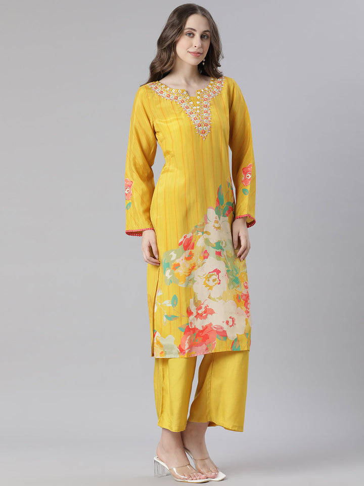 Neerus Mustard Printed Straight Kurta and Trousers With Dupatta
