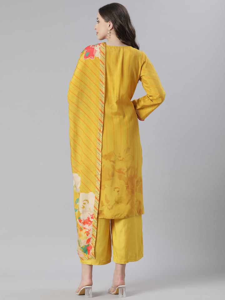 Neerus Mustard Printed Straight Kurta and Trousers With Dupatta