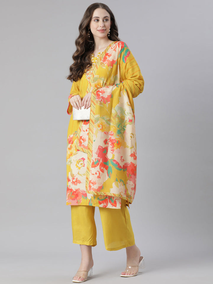 Neerus Mustard Printed Straight Kurta and Trousers With Dupatta