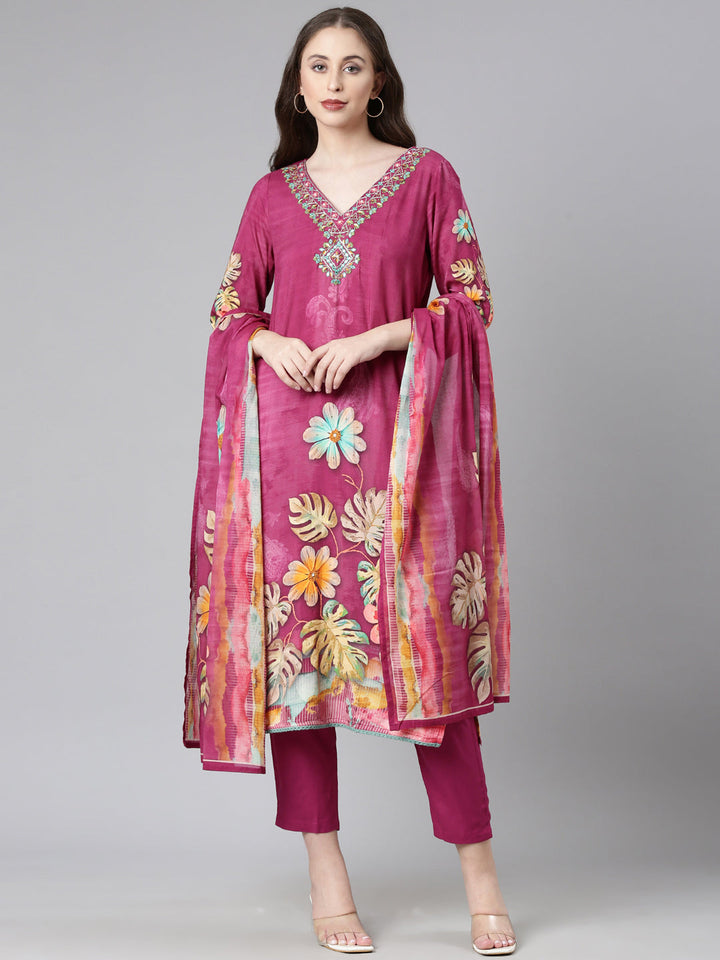 Neerus Magenta Printed Straight Kurta and Trousers With Dupatta