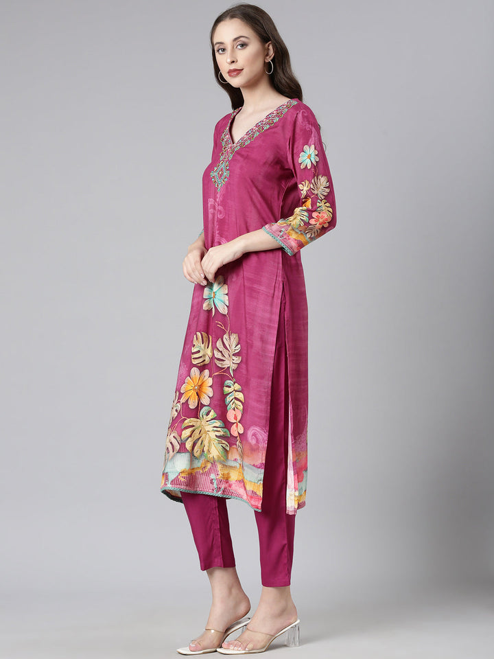 Neerus Magenta Printed Straight Kurta and Trousers With Dupatta
