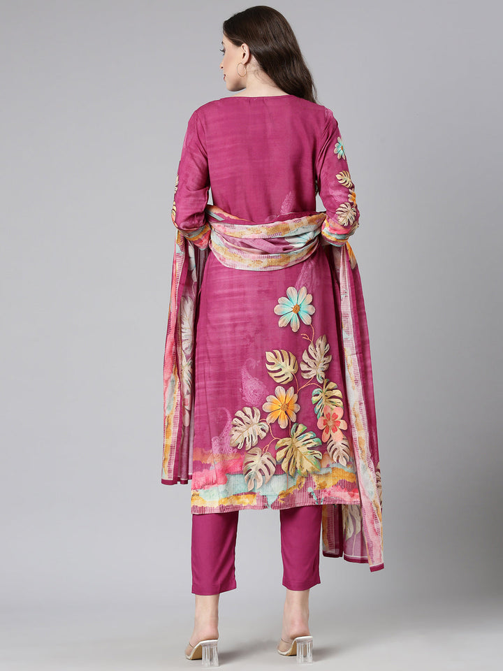 Neerus Magenta Printed Straight Kurta and Trousers With Dupatta