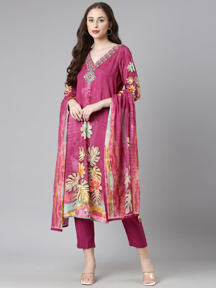 Neerus Magenta Printed Straight Kurta and Trousers With Dupatta