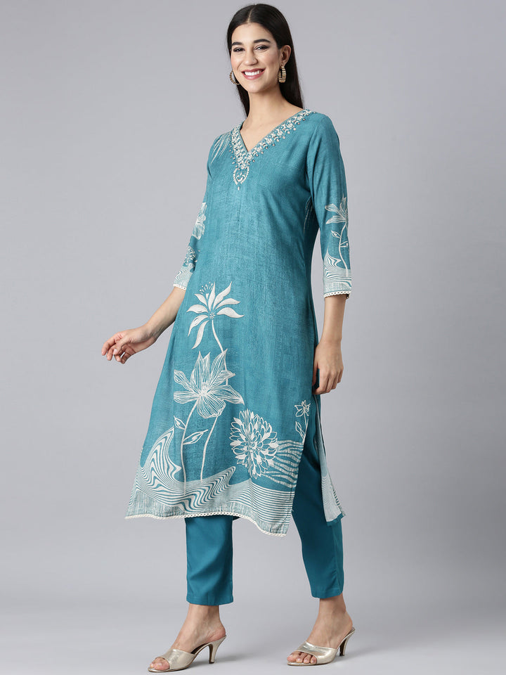 Neerus Green Viscose Rayon Printed Suit Set - back view