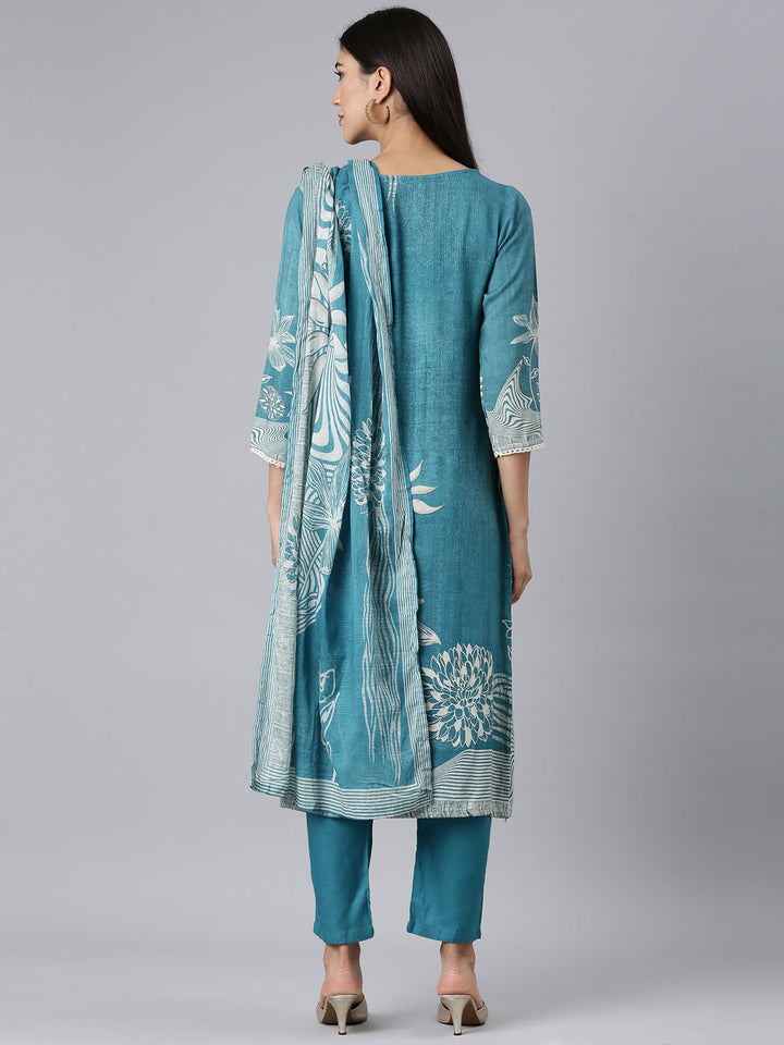 Neerus Green Viscose Rayon Printed Suit Set - side view