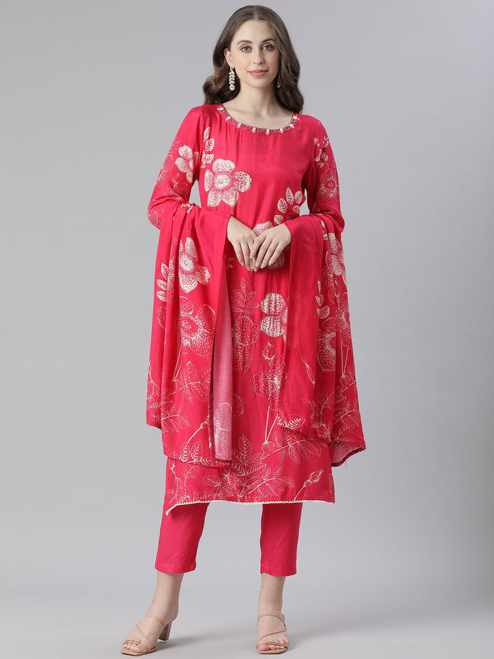 Neerus Red cotton printed suit set - front view