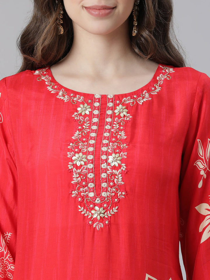 Neerus Red Printed Straight Kurta and Trousers With Dupatta
