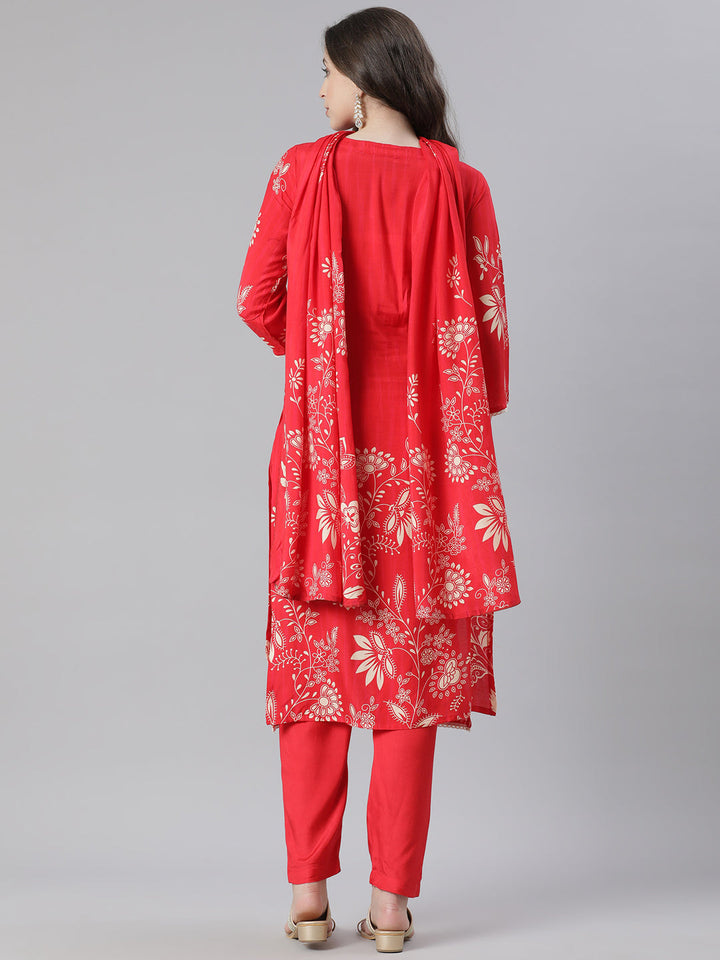 Neerus Red Printed Straight Kurta and Trousers With Dupatta
