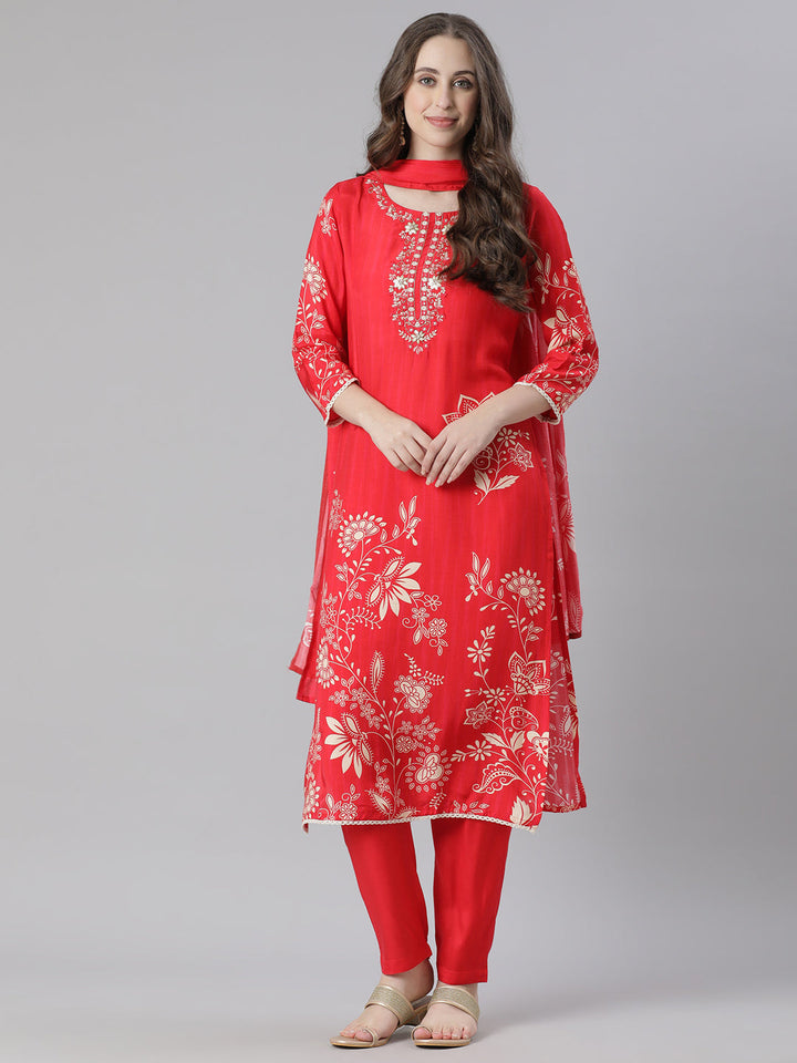 Neerus Red Printed Straight Kurta and Trousers With Dupatta