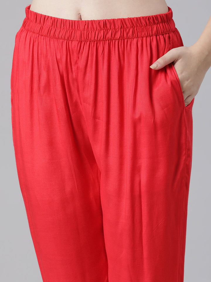 Neerus Red Printed Straight Kurta and Trousers With Dupatta