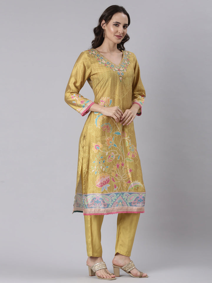 Mustard Silk Embroidered With Work Three Piece Set
