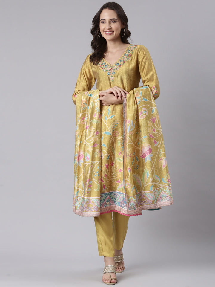 Mustard Silk Embroidered With Work Three Piece Set