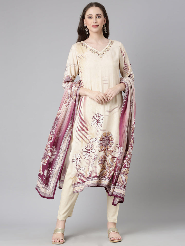 Neerus Magenta Printed Straight Kurta and Trousers With Dupatta