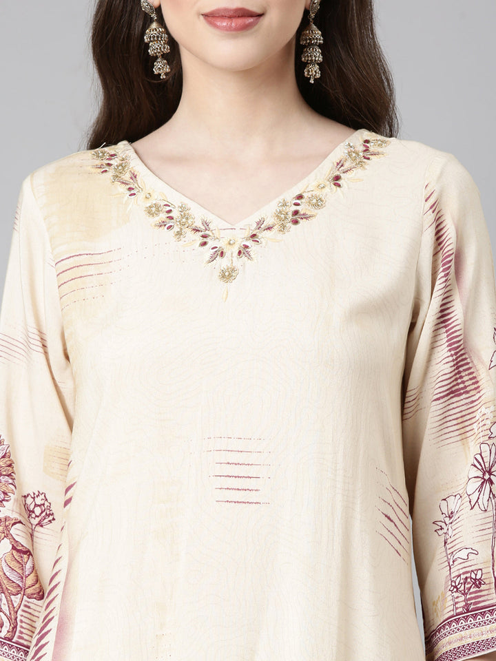 Neerus Magenta Printed Straight Kurta and Trousers With Dupatta