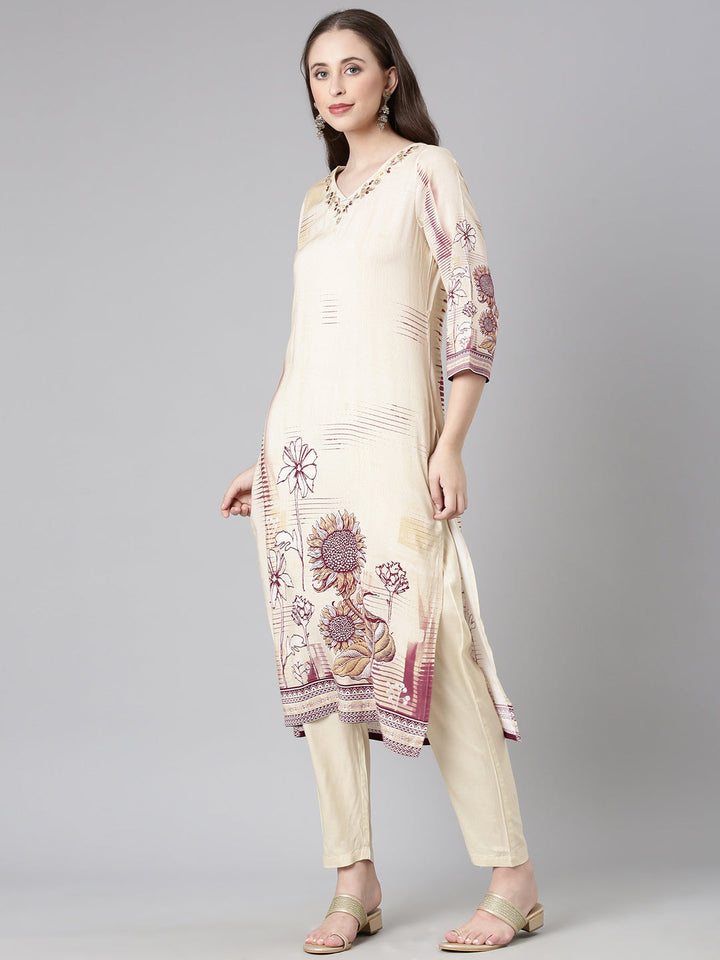 Neerus Magenta Printed Straight Kurta and Trousers With Dupatta