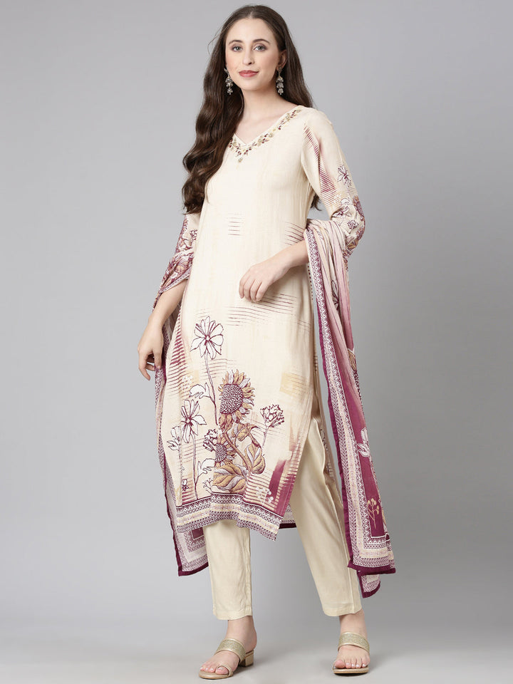Neerus Magenta Printed Straight Kurta and Trousers With Dupatta