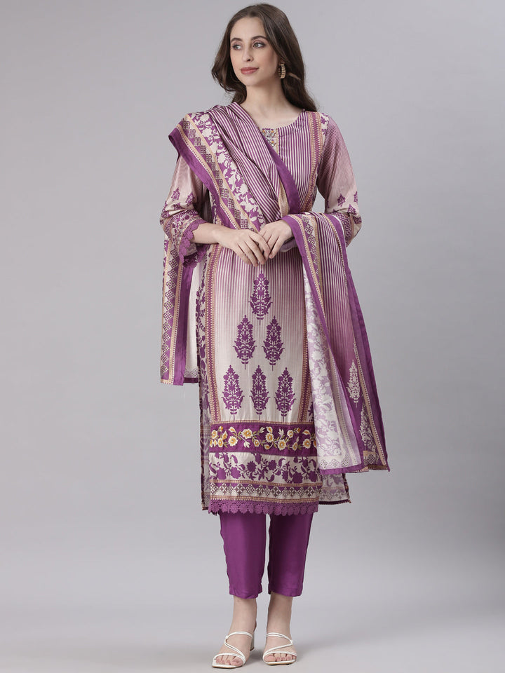 Neerus Purple Printed Straight Kurta and Trousers With Dupatta